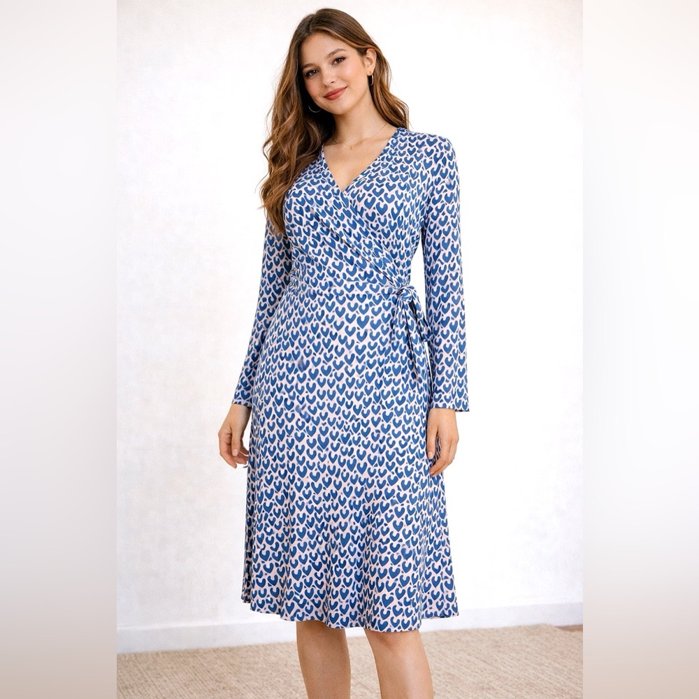 Boden Blue.& Pink  Heart Print Wrap Stretch Jersey Dress Size 8 Long Sleeve
